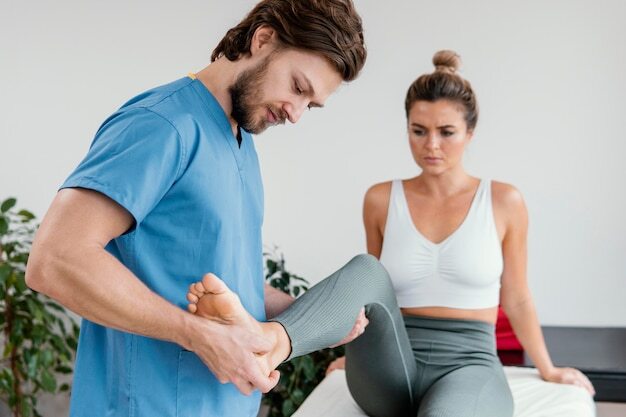 Male osteopathic therapist checking female patient's leg movement